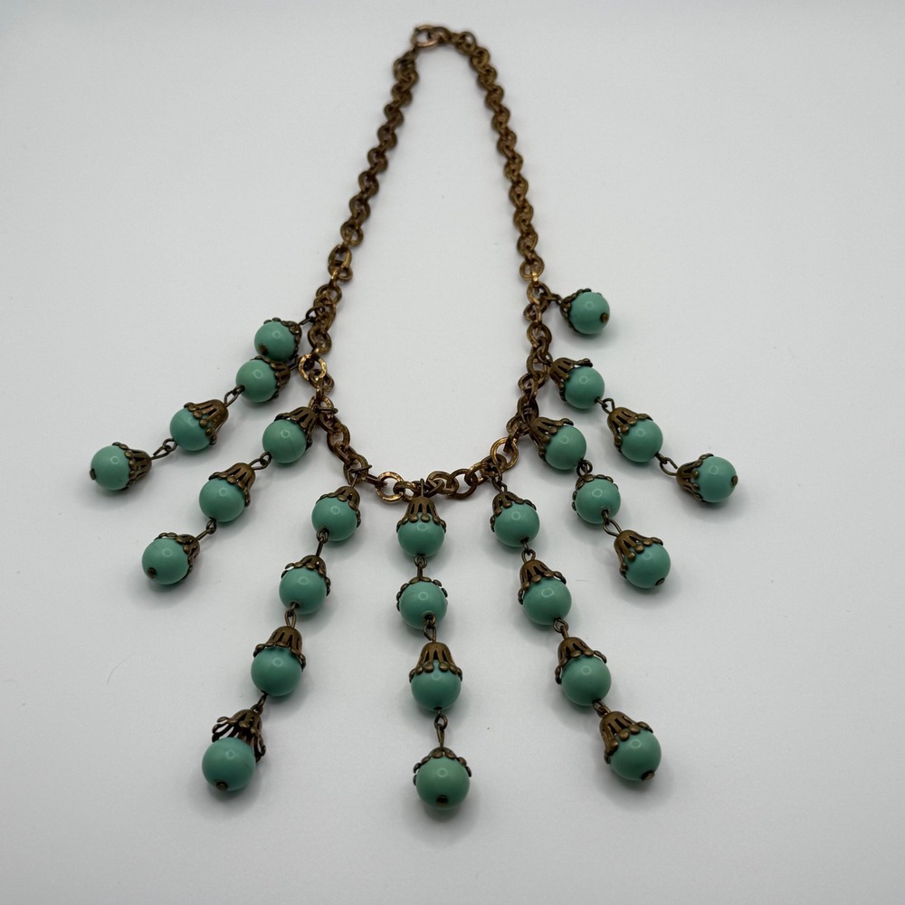 Vintage Turquoise Glass Bead Bib Necklace Bronze Filigree Tiered Fringe
